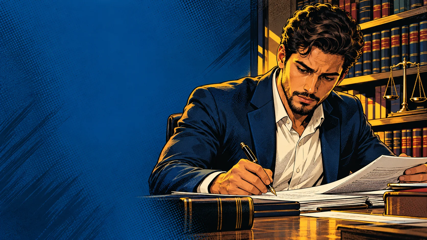 Ilustração de estudante de Direito com livros e materiais jurídicos