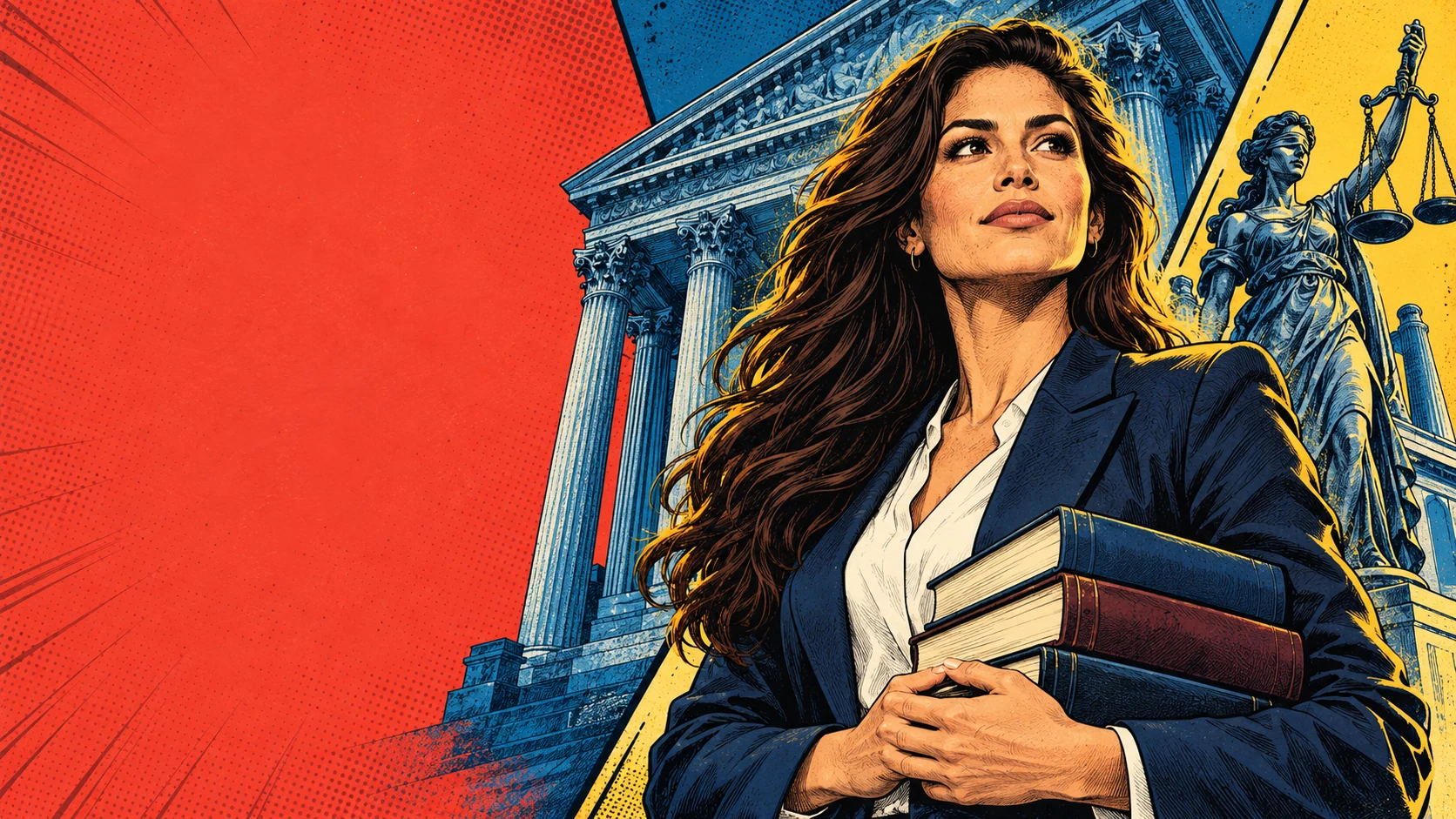 Ilustração de estudante de Direito com livros e materiais jurídicos